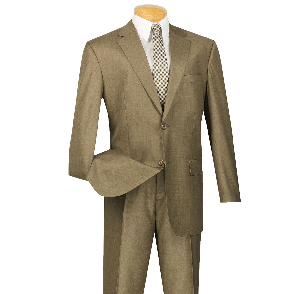 VINCI Men's Taupe Textured Weave 2-Button Classic-Fit Suit - NEW. Crafted with a classic full-cut silhouette, featuring a fully lined notch lapel jacket and flat-front pants ready for custom tailoring. Perfect for any occasion, from office to evening. Available at Fashion House Inc. (FH Menswear)