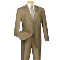 VINCI Men's Taupe Textured Weave 2-Button Classic-Fit Suit - NEW. Crafted with a classic full-cut silhouette, featuring a fully lined notch lapel jacket and flat-front pants ready for custom tailoring. Perfect for any occasion, from office to evening. Available at Fashion House Inc. (FH Menswear)