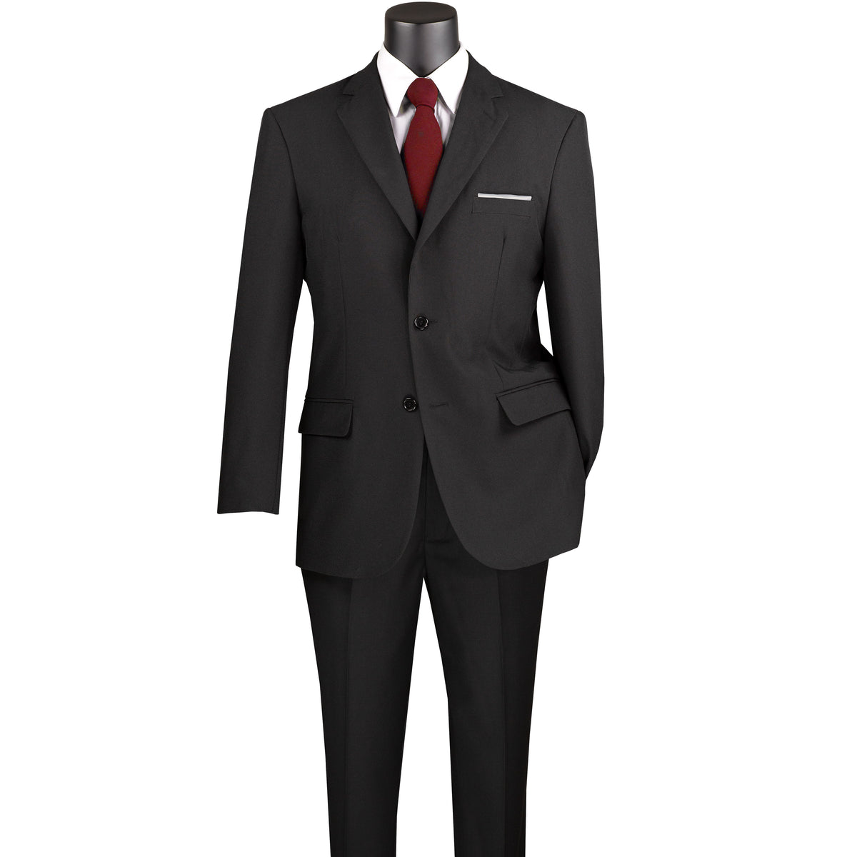 LUCCI Men's Black 2 Button Classic Fit Poplin Polyester Suit NEW. Affordable, high-quality with fully lined notch lapel jacket and flat-front pants for custom tailoring. Available in multiple colors, perfect for any occasion. Shop now at Fashion House Inc. (FH Menswear)