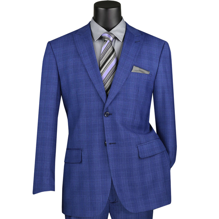 VINCI Men's Blue Glen Plaid 2 Button Classic Fit Suit NEW. Crafted for comfort and style with a bold peak lapel jacket and flat-front pants for custom tailoring. Ideal for office and evening wear. Available at Fashion House Inc. (FH Menswear)