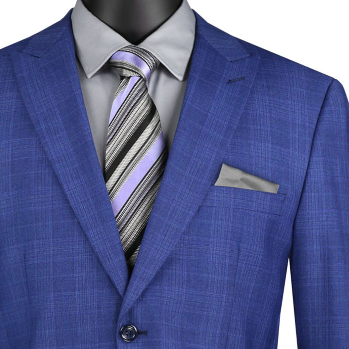 VINCI Men's Blue Glen Plaid 2 Button Classic Fit Suit NEW. Crafted for comfort and style with a bold peak lapel jacket and flat-front pants for custom tailoring. Ideal for office and evening wear. Available at Fashion House Inc. (FH Menswear)