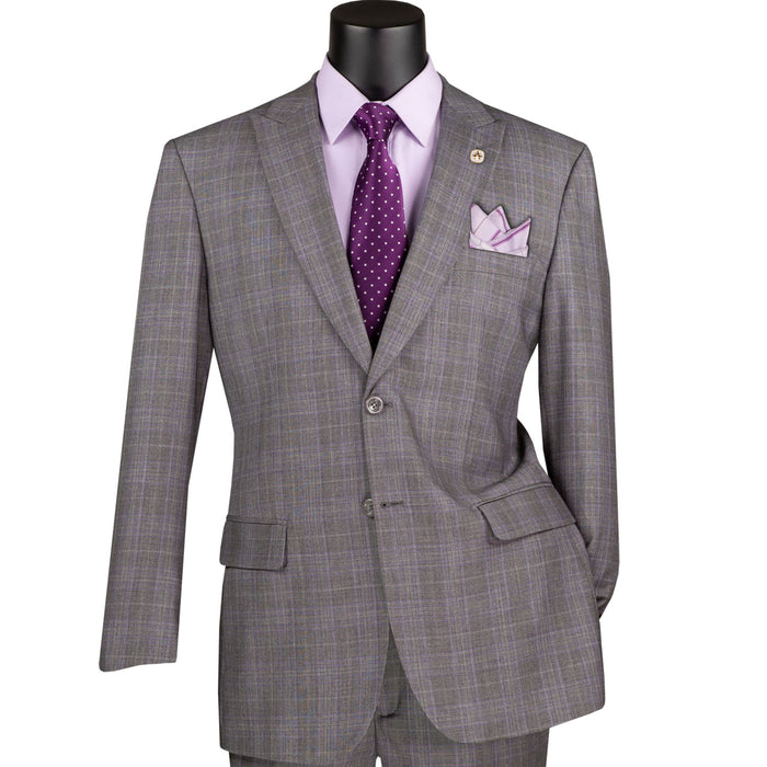 VINCI Men's Gray Glen Plaid 2 Button Classic Fit Suit NEW. Crafted for comfort and style with a bold peak lapel jacket and flat-front pants for custom tailoring. Ideal for office and evening wear. Available at Fashion House Inc. (FH Menswear)