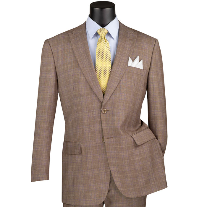 VINCI Men's Tan Glen Plaid 2 Button Classic Fit Suit NEW. Crafted for comfort and style with a bold peak lapel jacket and flat-front pants for custom tailoring. Ideal for office and evening wear. Available at Fashion House Inc. (FH Menswear)