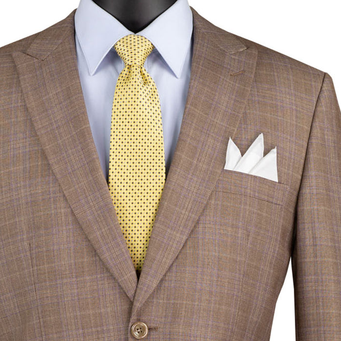 VINCI Men's Tan Glen Plaid 2 Button Classic Fit Suit NEW. Crafted for comfort and style with a bold peak lapel jacket and flat-front pants for custom tailoring. Ideal for office and evening wear. Available at Fashion House Inc. (FH Menswear)