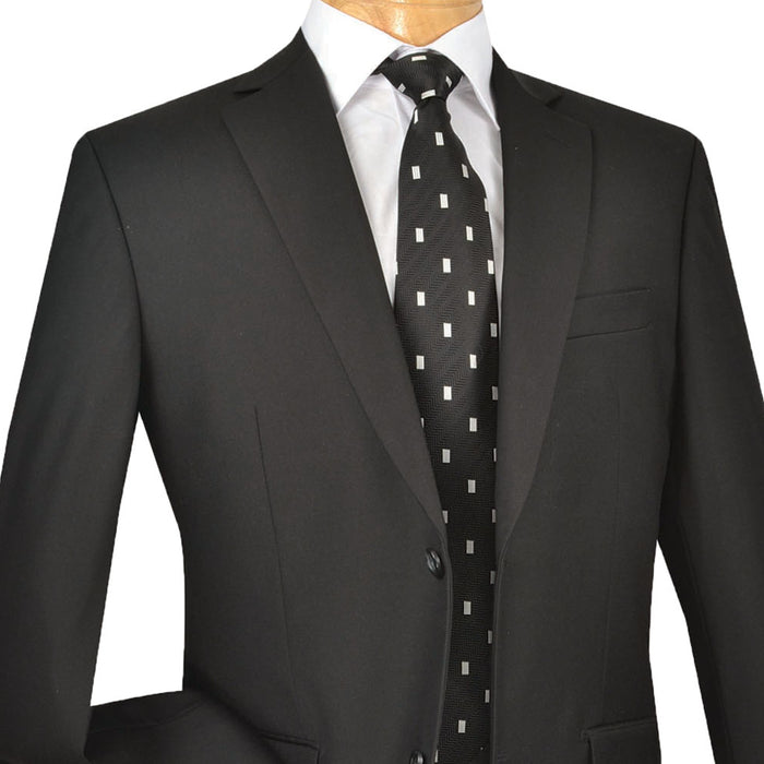 VINCI Men's Black 2-Button Classic-Fit Suit with Pleated Pants - NEW. Traditional design with a fully lined notch lapel jacket and sophisticated pleated trousers ready for bespoke tailoring. Ideal for daily office wear and evening events. Available at Fashion House Inc. (FH Menswear)