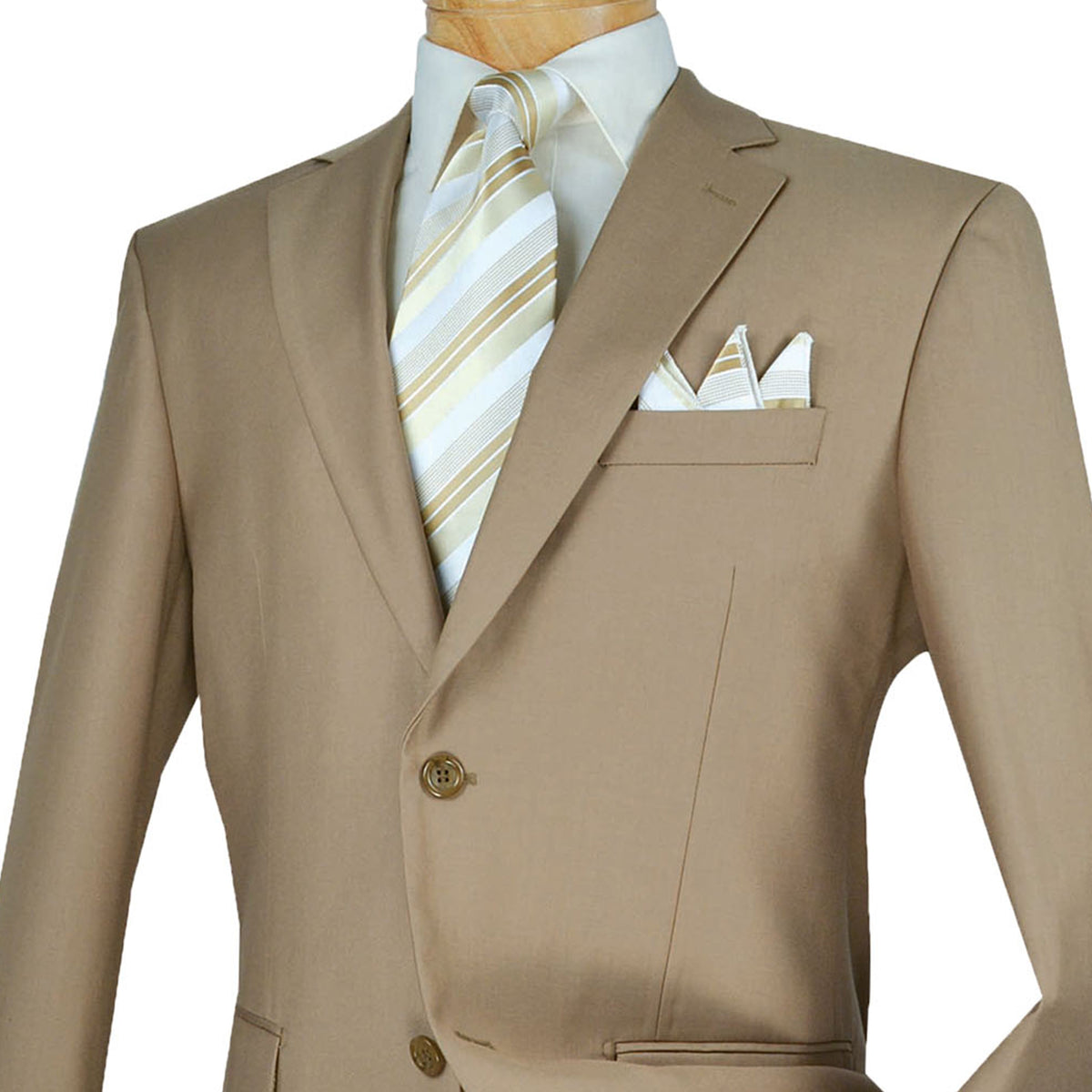 VINCI Men's Khaki 2-Button Classic-Fit Suit with Pleated Pants - NEW. Traditional design with a fully lined notch lapel jacket and sophisticated pleated trousers ready for bespoke tailoring. Ideal for daily office wear and evening events. Available at Fashion House Inc. (FH Menswear)