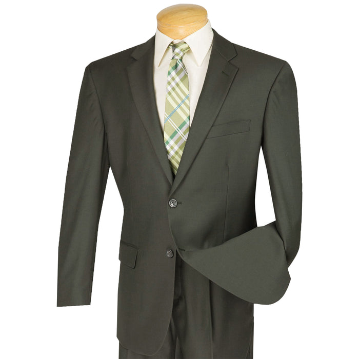 VINCI Men's Olive Green 2-Button Classic-Fit Suit with Pleated Pants - NEW. Traditional design with a fully lined notch lapel jacket and sophisticated pleated trousers ready for bespoke tailoring. Ideal for daily office wear and evening events. Available at Fashion House Inc. (FH Menswear)