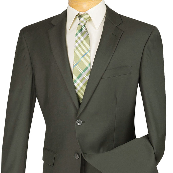 VINCI Men's Olive Green 2-Button Classic-Fit Suit with Pleated Pants - NEW. Traditional design with a fully lined notch lapel jacket and sophisticated pleated trousers ready for bespoke tailoring. Ideal for daily office wear and evening events. Available at Fashion House Inc. (FH Menswear)