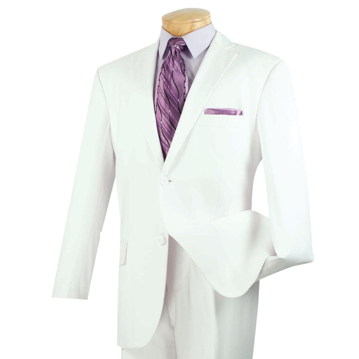 VINCI Men's White 2-Button Classic-Fit Suit with Pleated Pants - NEW. Traditional design with a fully lined notch lapel jacket and sophisticated pleated trousers ready for bespoke tailoring. Ideal for daily office wear and evening events. Available at Fashion House Inc. (FH Menswear)