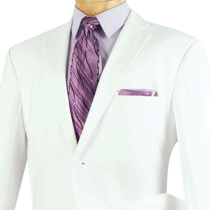 VINCI Men's White 2-Button Classic-Fit Suit with Pleated Pants - NEW. Traditional design with a fully lined notch lapel jacket and sophisticated pleated trousers ready for bespoke tailoring. Ideal for daily office wear and evening events. Available at Fashion House Inc. (FH Menswear)