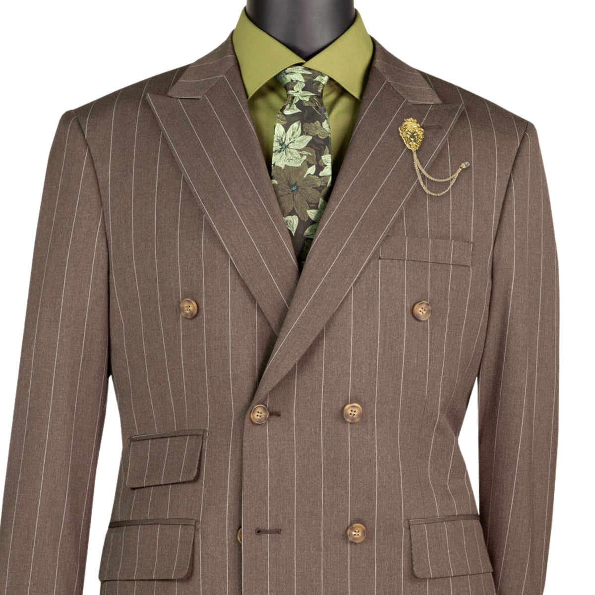 Wide Striped Double Breasted Regular Fit Suit w/ Adjustable Waistband in Brown