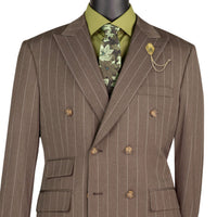 Wide Striped Double Breasted Regular Fit Suit w/ Adjustable Waistband in Brown