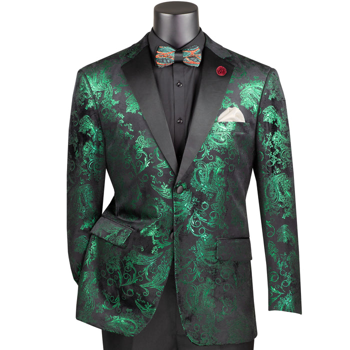 Paisley Embossed Modern-Fit Tuxedo Jacket in Emerald & Black