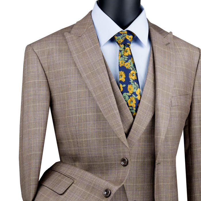 Glen Plaid 3-Piece Modern-Fit Suit in Tan