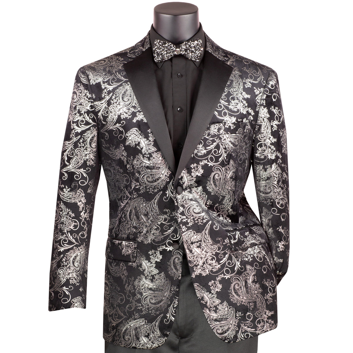 Paisley Embossed Modern-Fit Tuxedo Jacket in Silver & Black