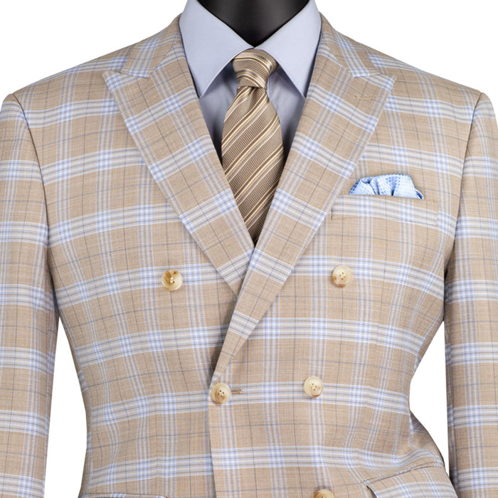 Windowpane Double-Breasted Slim-Fit Suit in Tan