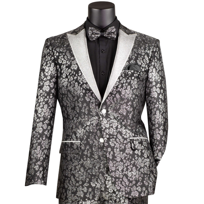 Jacquard Slim-Fit Tuxedo w/ Matching Bow-Tie in Black