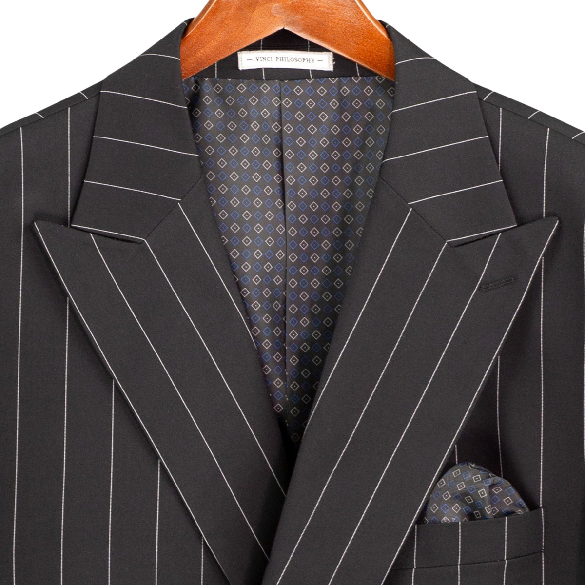 Wide Striped Double Breasted Regular Fit Suit w/ Adjustable Waistband in Black