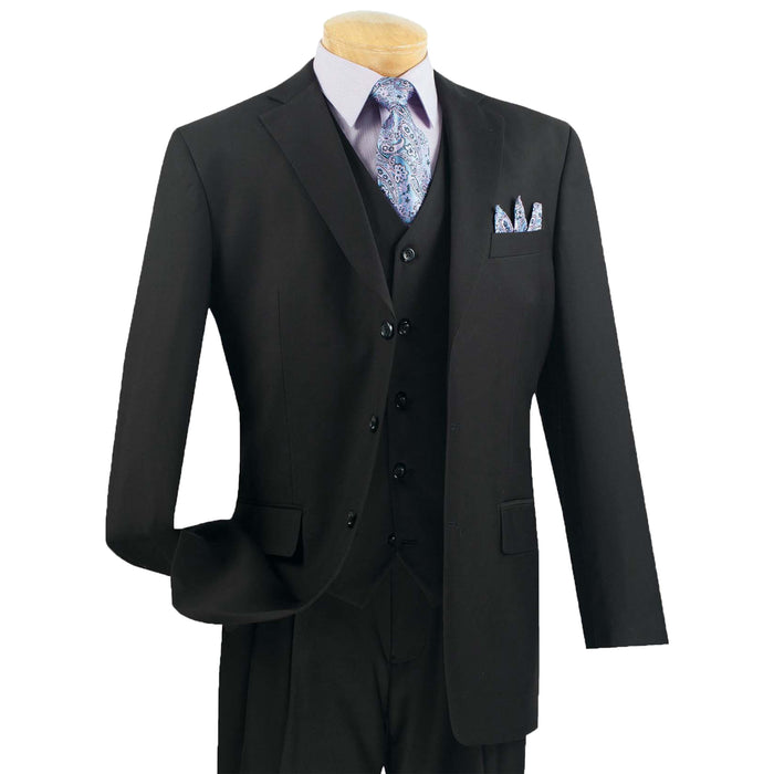 VINCI Men's Black 3-Piece 3-Button Classic-Fit Suit NEW. Traditional full-cut design with a fully lined notch lapel jacket and pleated pants ready for custom tailoring. Ideal for both professional settings and social events. Available at Fashion House Inc. (FH Menswear)