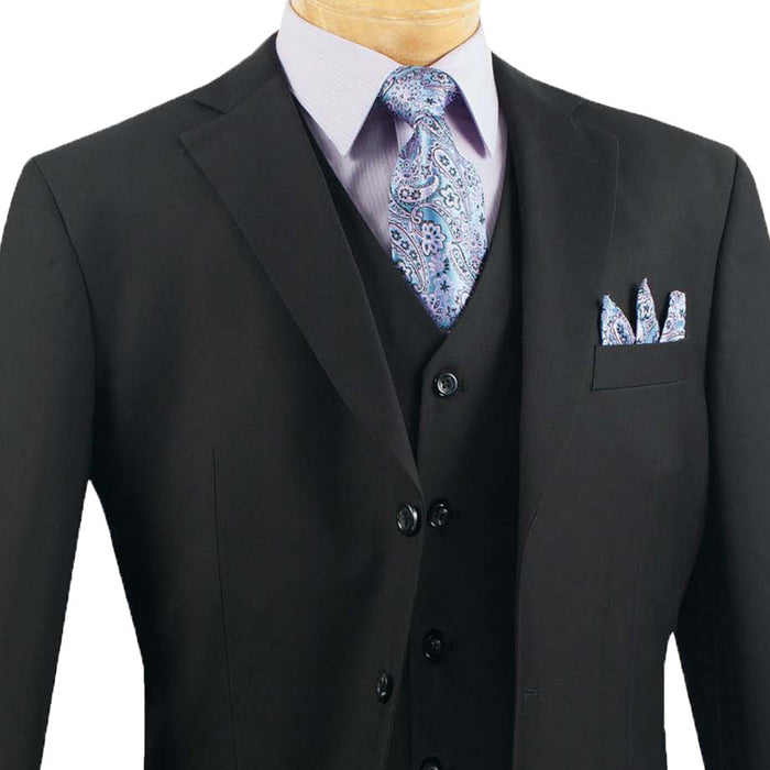 VINCI Men's Black 3-Piece 3-Button Classic-Fit Suit NEW. Traditional full-cut design with a fully lined notch lapel jacket and pleated pants ready for custom tailoring. Ideal for both professional settings and social events. Available at Fashion House Inc. (FH Menswear)