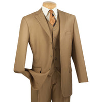 VINCI Men's British Khaki 3-Piece 3-Button Classic-Fit Suit NEW. Traditional full-cut design with a fully lined notch lapel jacket and pleated pants ready for custom tailoring. Ideal for both professional settings and social events. Available at Fashion House Inc. (FH Menswear)