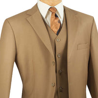 VINCI Men's British Khaki 3-Piece 3-Button Classic-Fit Suit NEW. Traditional full-cut design with a fully lined notch lapel jacket and pleated pants ready for custom tailoring. Ideal for both professional settings and social events. Available at Fashion House Inc. (FH Menswear)