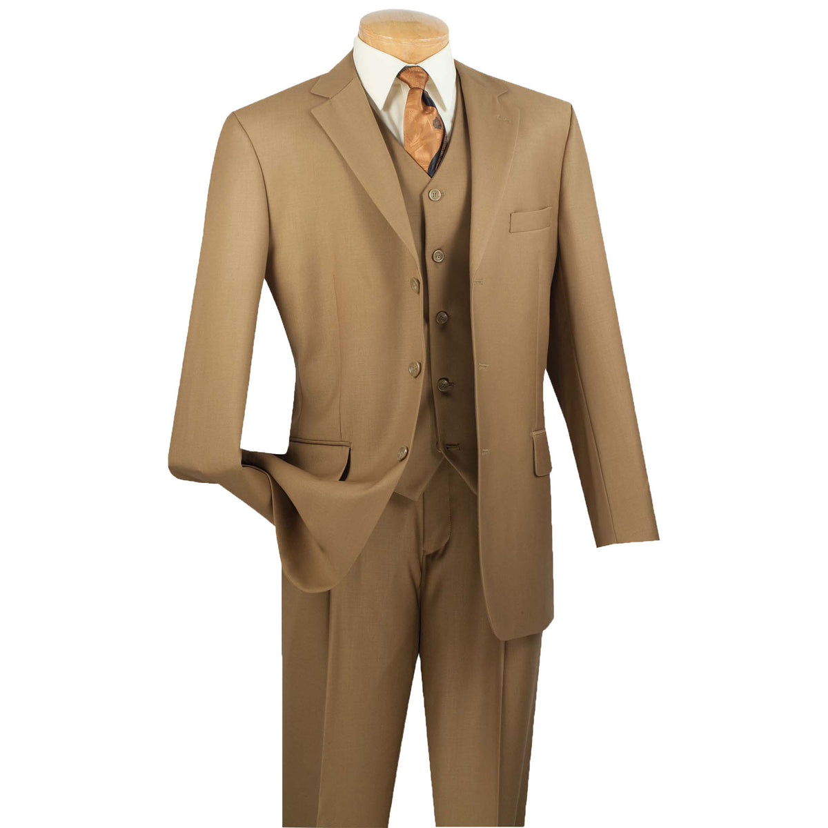 VINCI Men's British Khaki 3-Piece 3-Button Classic-Fit Suit NEW. Traditional full-cut design with a fully lined notch lapel jacket and pleated pants ready for custom tailoring. Ideal for both professional settings and social events. Available at Fashion House Inc. (FH Menswear)