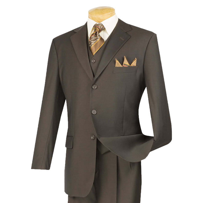 VINCI Men's Brown 3-Piece 3-Button Classic-Fit Suit NEW. Traditional full-cut design with a fully lined notch lapel jacket and pleated pants ready for custom tailoring. Ideal for both professional settings and social events. Available at Fashion House Inc. (FH Menswear)