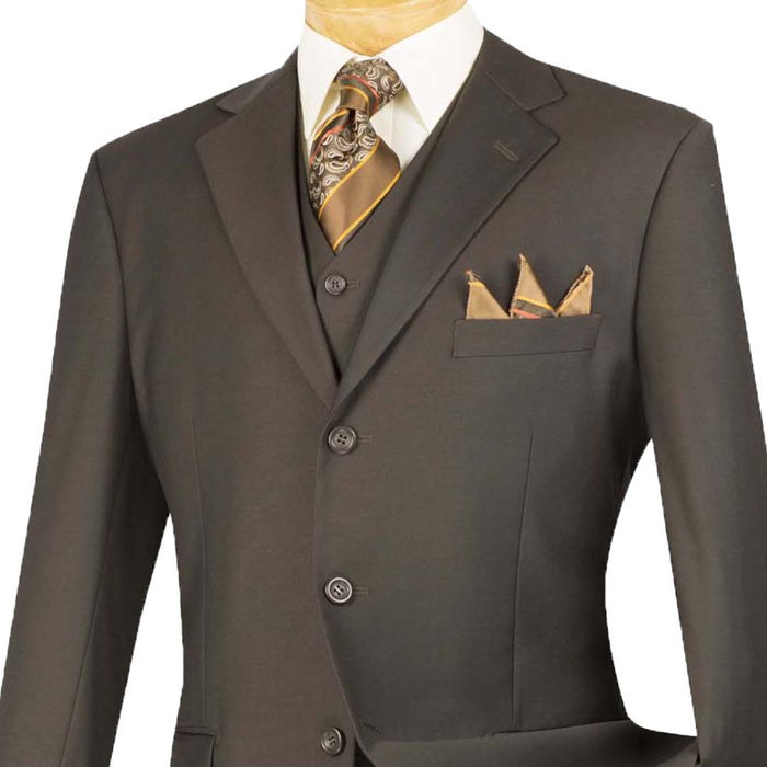 VINCI Men's Brown 3-Piece 3-Button Classic-Fit Suit NEW. Traditional full-cut design with a fully lined notch lapel jacket and pleated pants ready for custom tailoring. Ideal for both professional settings and social events. Available at Fashion House Inc. (FH Menswear)