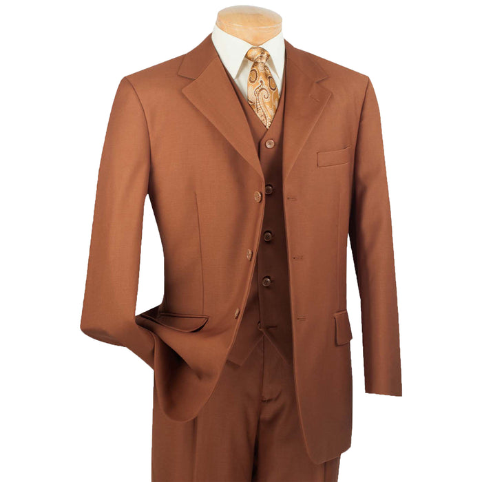 VINCI Men's Cognac 3-Piece 3-Button Classic-Fit Suit NEW. Traditional full-cut design with a fully lined notch lapel jacket and pleated pants ready for custom tailoring. Ideal for both professional settings and social events. Available at Fashion House Inc. (FH Menswear)