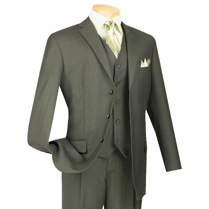 VINCI Men's Forest Olive 3-Piece 3-Button Classic-Fit Suit NEW. Traditional full-cut design with a fully lined notch lapel jacket and pleated pants ready for custom tailoring. Ideal for both professional settings and social events. Available at Fashion House Inc. (FH Menswear)