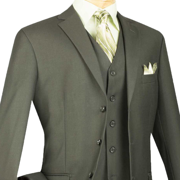 VINCI Men's Forest Olive 3-Piece 3-Button Classic-Fit Suit NEW. Traditional full-cut design with a fully lined notch lapel jacket and pleated pants ready for custom tailoring. Ideal for both professional settings and social events. Available at Fashion House Inc. (FH Menswear)