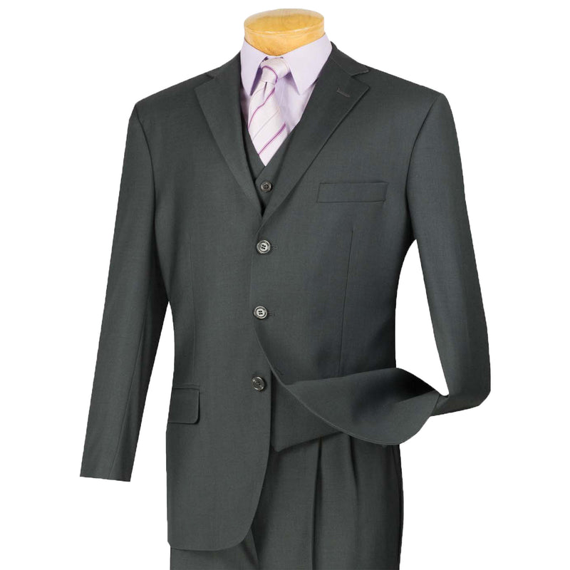 VINCI Men's Heather Gray 3-Piece 3-Button Classic-Fit Suit NEW. Traditional full-cut design with a fully lined notch lapel jacket and pleated pants ready for custom tailoring. Ideal for both professional settings and social events. Available at Fashion House Inc. (FH Menswear)