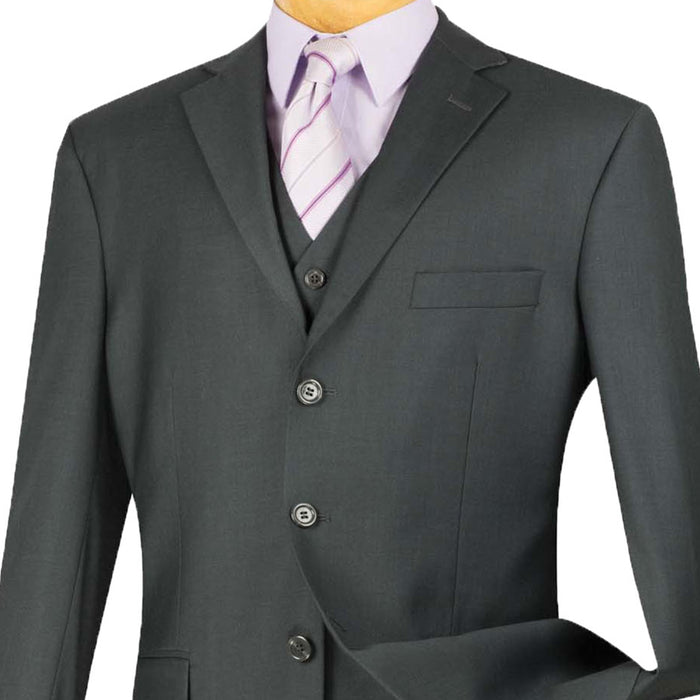 VINCI Men's Heather Gray 3-Piece 3-Button Classic-Fit Suit NEW. Traditional full-cut design with a fully lined notch lapel jacket and pleated pants ready for custom tailoring. Ideal for both professional settings and social events. Available at Fashion House Inc. (FH Menswear)