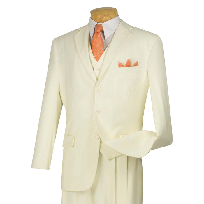 VINCI Men's Ivory 3-Piece 3-Button Classic-Fit Suit NEW. Traditional full-cut design with a fully lined notch lapel jacket and pleated pants ready for custom tailoring. Ideal for both professional settings and social events. Available at Fashion House Inc. (FH Menswear)