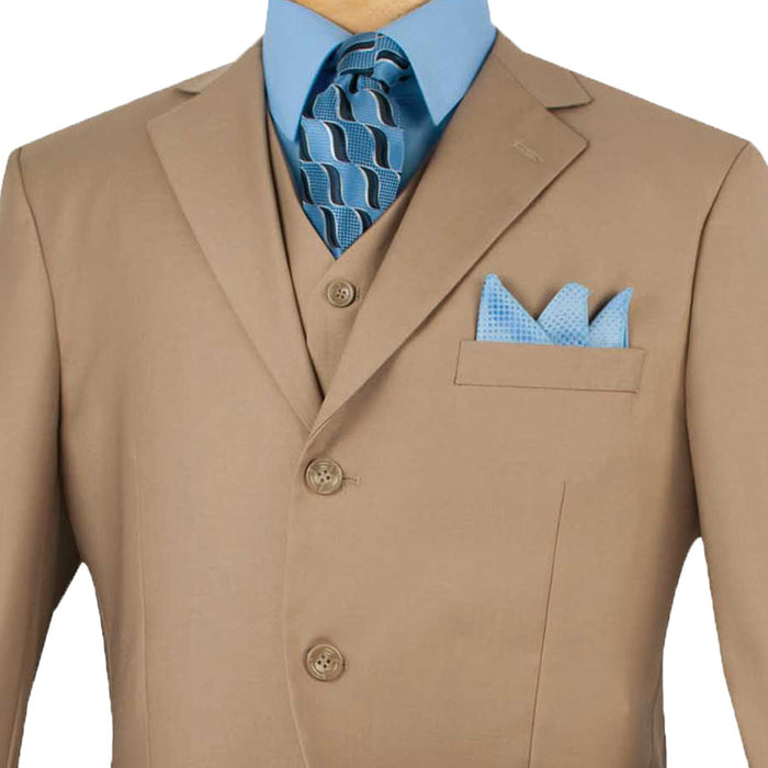 VINCI Men's Khaki 3-Piece 3-Button Classic-Fit Suit NEW. Traditional full-cut design with a fully lined notch lapel jacket and pleated pants ready for custom tailoring. Ideal for both professional settings and social events. Available at Fashion House Inc. (FH Menswear)