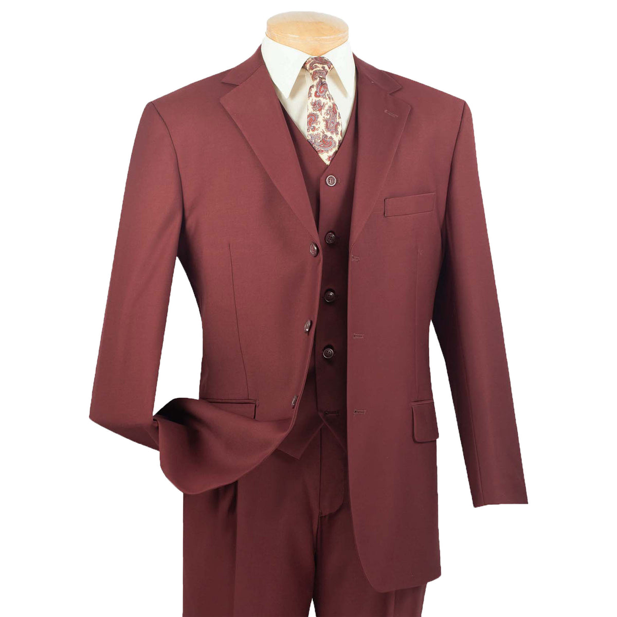 VINCI Men's Burgundy 3-Piece 3-Button Classic-Fit Suit NEW. Traditional full-cut design with a fully lined notch lapel jacket and pleated pants ready for custom tailoring. Ideal for both professional settings and social events. Available at Fashion House Inc. (FH Menswear)