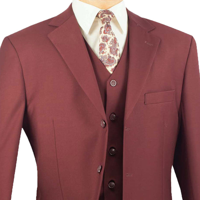 VINCI Men's Burgundy 3-Piece 3-Button Classic-Fit Suit NEW. Traditional full-cut design with a fully lined notch lapel jacket and pleated pants ready for custom tailoring. Ideal for both professional settings and social events. Available at Fashion House Inc. (FH Menswear)