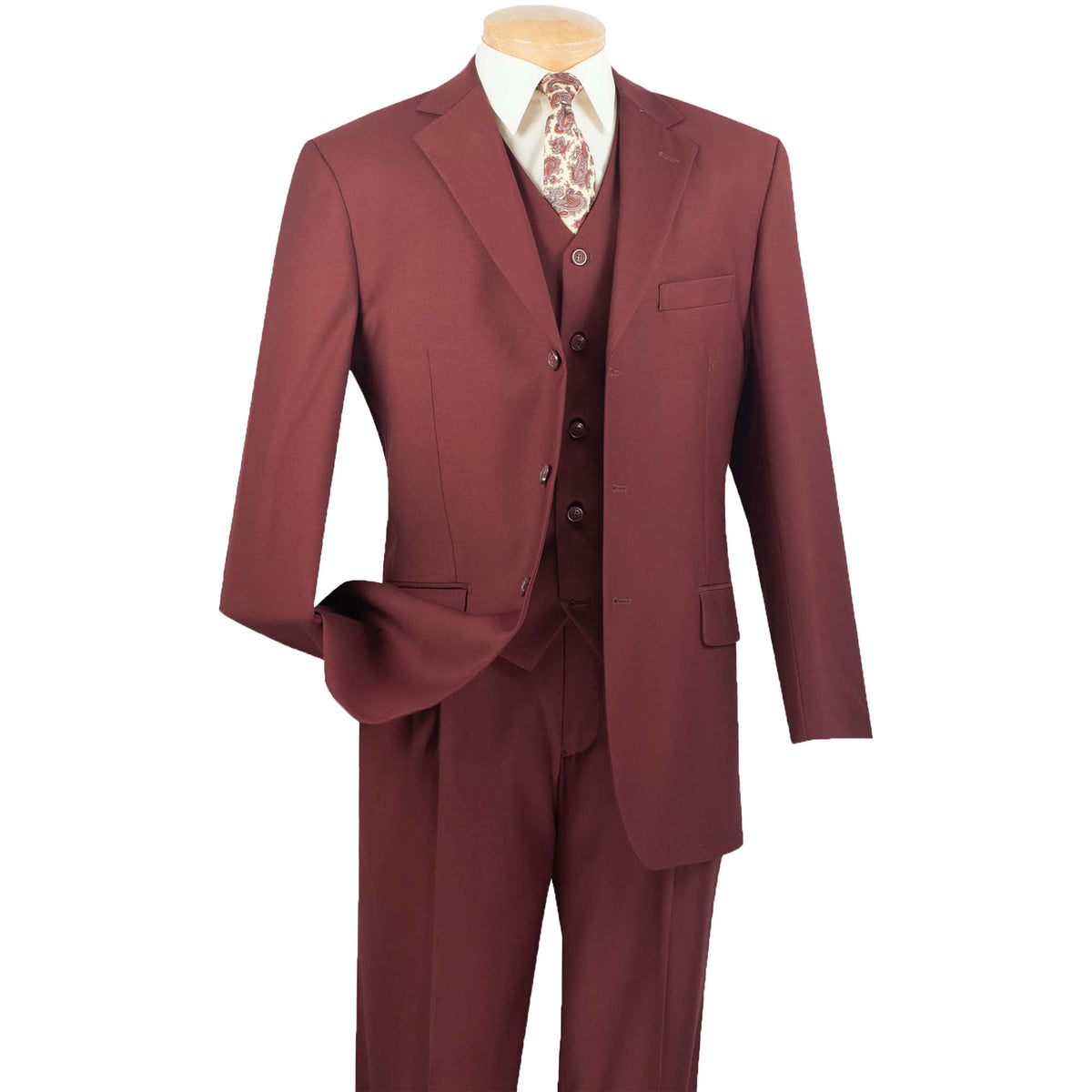 VINCI Men's Burgundy 3-Piece 3-Button Classic-Fit Suit NEW. Traditional full-cut design with a fully lined notch lapel jacket and pleated pants ready for custom tailoring. Ideal for both professional settings and social events. Available at Fashion House Inc. (FH Menswear)