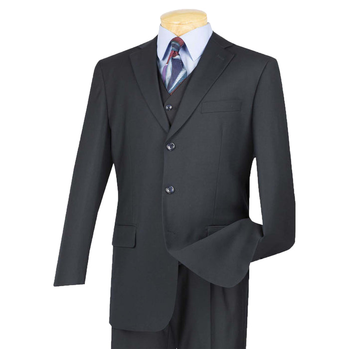 VINCI Men's Navy Blue 3-Piece 3-Button Classic-Fit Suit NEW. Traditional full-cut design with a fully lined notch lapel jacket and pleated pants ready for custom tailoring. Ideal for both professional settings and social events. Available at Fashion House Inc. (FH Menswear)