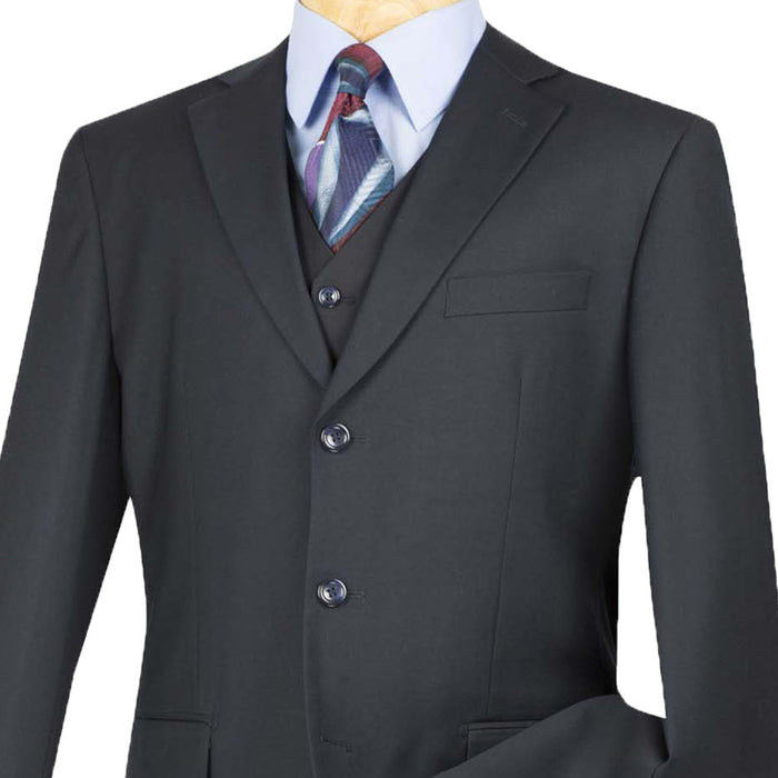 VINCI Men's Navy Blue 3-Piece 3-Button Classic-Fit Suit NEW. Traditional full-cut design with a fully lined notch lapel jacket and pleated pants ready for custom tailoring. Ideal for both professional settings and social events. Available at Fashion House Inc. (FH Menswear)