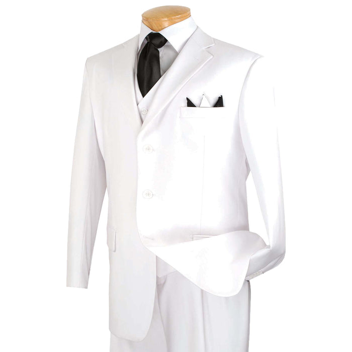 VINCI Men's White 3-Piece 3-Button Classic-Fit Suit NEW. Traditional full-cut design with a fully lined notch lapel jacket and pleated pants ready for custom tailoring. Ideal for both professional settings and social events. Available at Fashion House Inc. (FH Menswear)