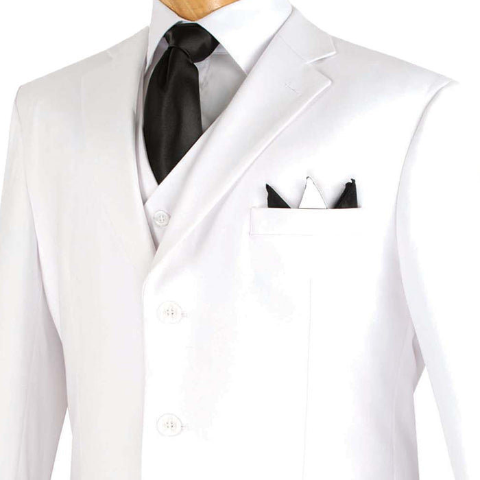 VINCI Men's White 3-Piece 3-Button Classic-Fit Suit NEW. Traditional full-cut design with a fully lined notch lapel jacket and pleated pants ready for custom tailoring. Ideal for both professional settings and social events. Available at Fashion House Inc. (FH Menswear)