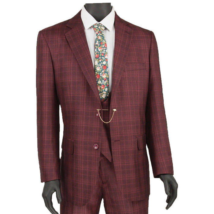Sharkskin Glen Plaid 3-Piece Classic-Fit Suit in Burgundy
