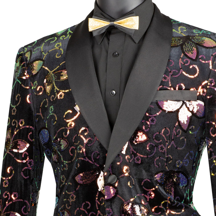 Floral Sequins Velvet Slim-Fit Tuxedo Jacket in Black
