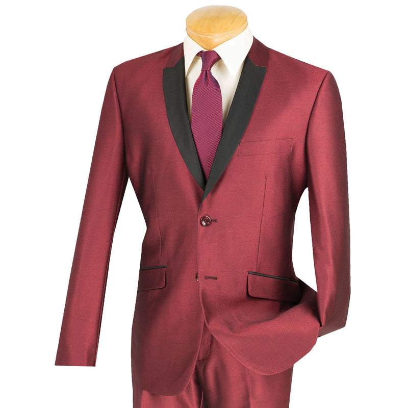 Sharkskin Shawl-Lapel Slim-Fit Tuxedo in Burgundy