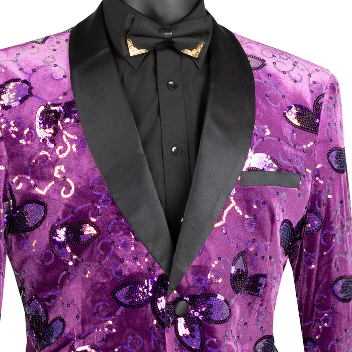 Floral Sequins Velvet Slim-Fit Tuxedo Jacket in Purple