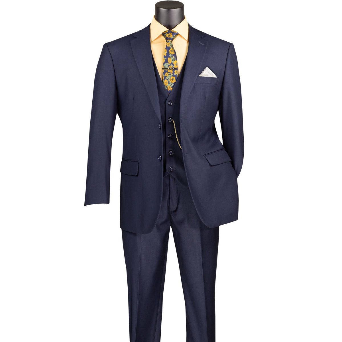 3 Piece 2 Button Classic Fit Suit w/ Flexible Waistband in Navy Blue