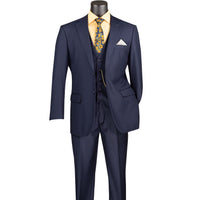3 Piece 2 Button Classic Fit Suit w/ Flexible Waistband in Navy Blue