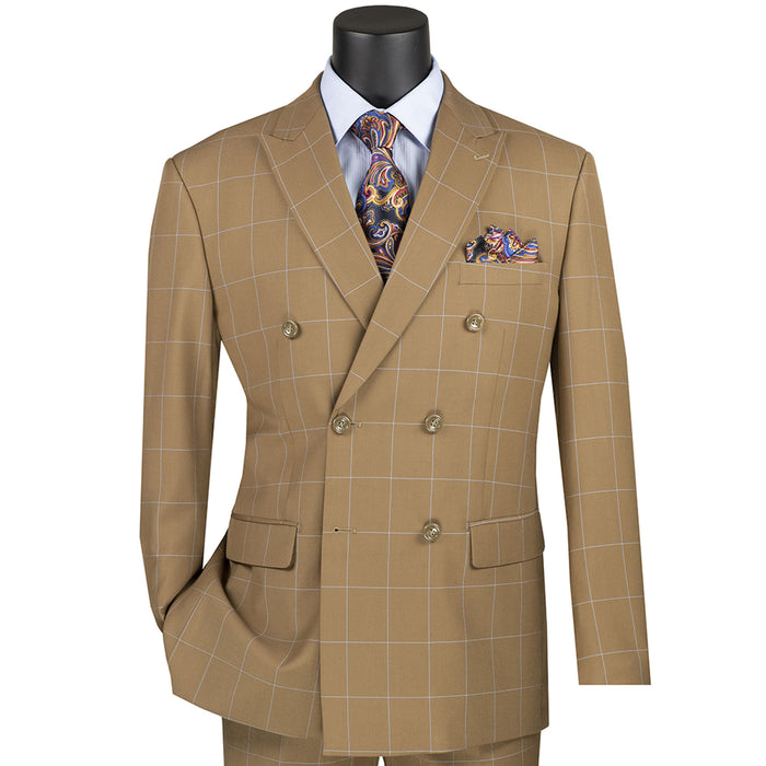 Windowpane Double-Breasted Modern-Fit Suit in Camel Beige
